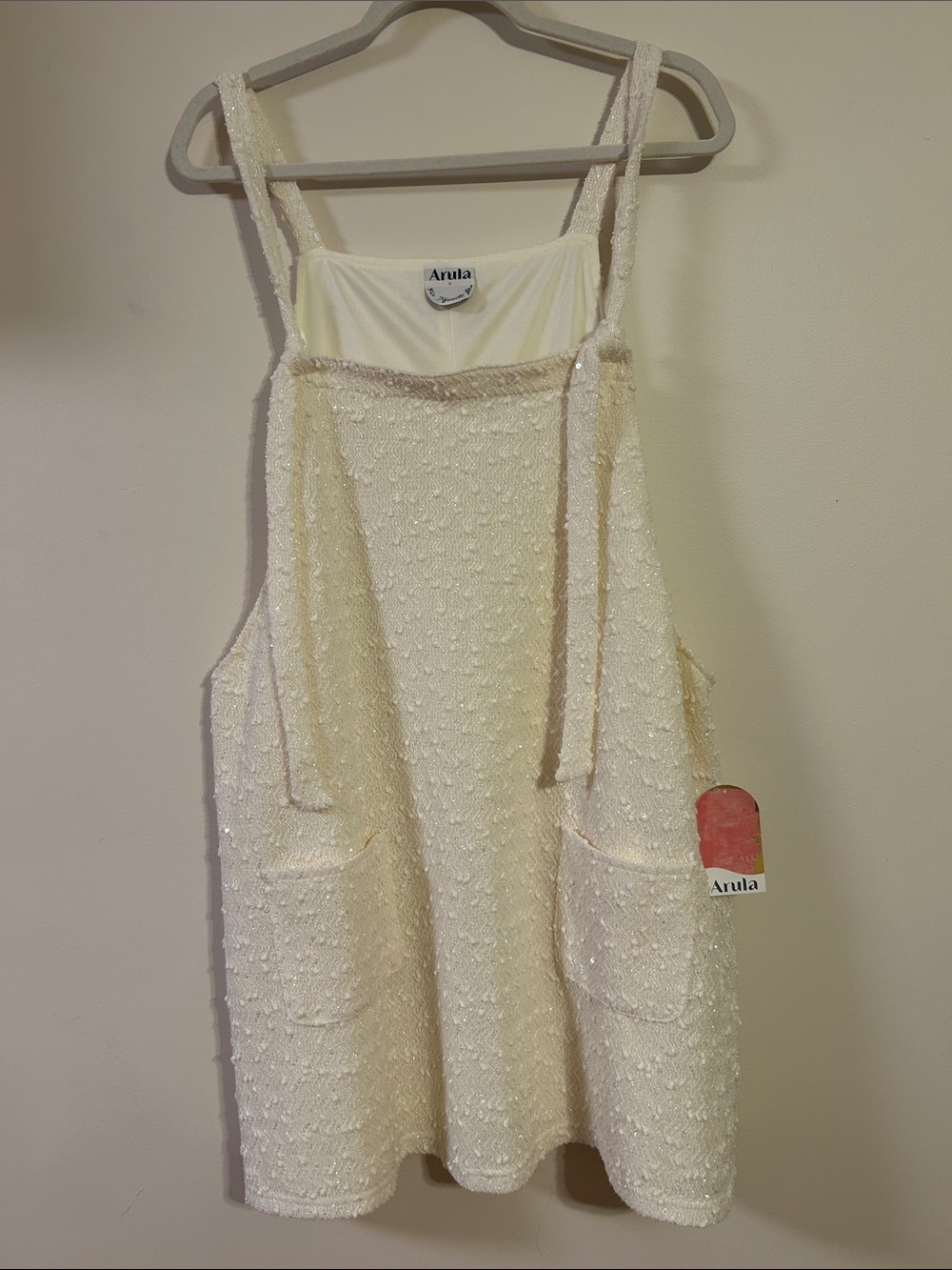 ARULA Cream Shimmer Textured Overall Mini Dress with Front Pockets